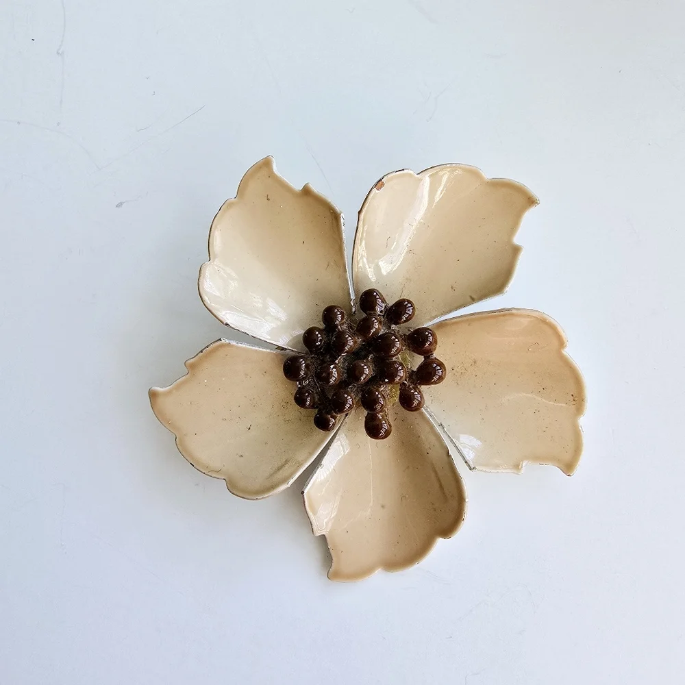 Vintage Pink Enamel Brooch Floral Metal Pin Flower Jewelry